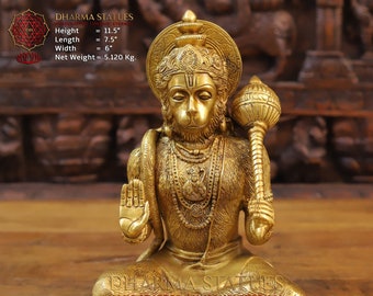 Brass Hanuman Statue: Detailed Ramdoota Sculpture, Gold Finish