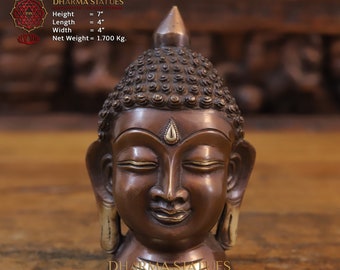 Messing Funkelndes BuddhaGesicht in einem beruhigenden Meditationsausdruck - Kupfer & Gold Finish - Dharma Exclusive