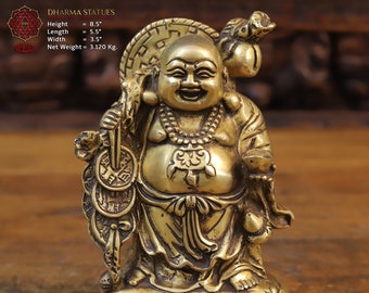 Buda sonriente con brillo dorado de latón para la buena suerte y la prosperidad - Hecho en Nepal - Exclusivo de Dharma / La mejor opción de regalo
