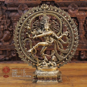 Brass Lasya Nritya Nataraja (Gentle Lord Shiva) on the Demon Apasmara (Signifying Win over Evil) in an OM Frame - Only at Dharma