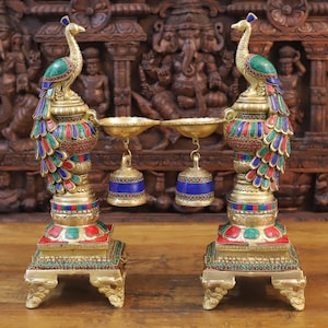 Brass Intricate Resting Peacock Oil Lamps (Diyas) - Only at Dharma | Temple Lamps