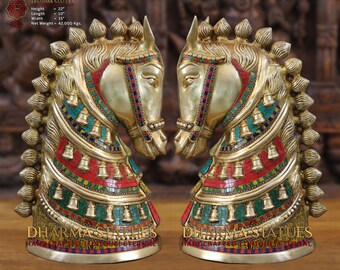 Brass Mughal Stallion Bust (Great Horse Head) Jeweled with Semi - Precious Red, Turquoise & Yellow Quartz  - Only at Dharma | Big Statue