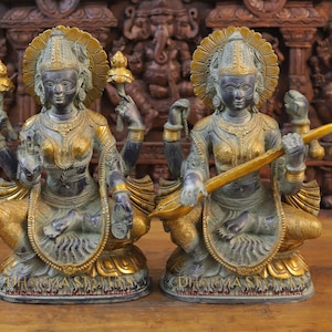 Brass Maa Lakshmi and Maa Saraswati Pair Statue (Goddess of Knowledge and Money)