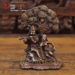 Brass Radha Krishna Statue Sitting under Tree - Copper Finish