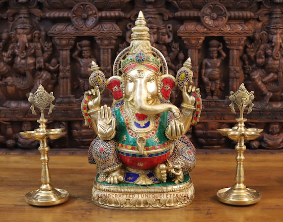 本場インド彫刻家作品◇ガネーシャ像アンティーク仕上げのダスト大理石・神魂入り インド 「金運を呼ぶガネーシャ」 神像 仏像 彫刻 大理石