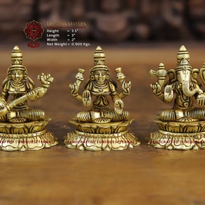Brass Maa Saraswati Lakshmi and Ganesha Combo sitting on a Lotus Platform. Temple Idols