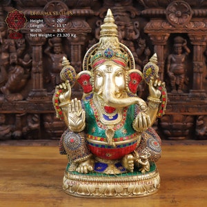 Brass Surya Ganesha in Detailed Semi Previous Stone Work with Shankhya Lamps- Magnum Opus from South India - Only at Dharma