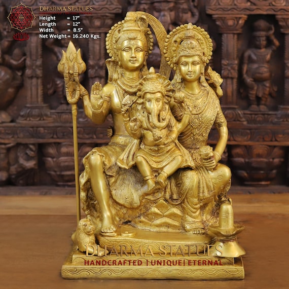 真鍮製の壮麗なシヴァ神一家とガネーシャ、パールヴァティー女神が