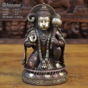 Estátua sentada de latão Pawan Putra Hanuman Ji - acabamento dourado e cobre