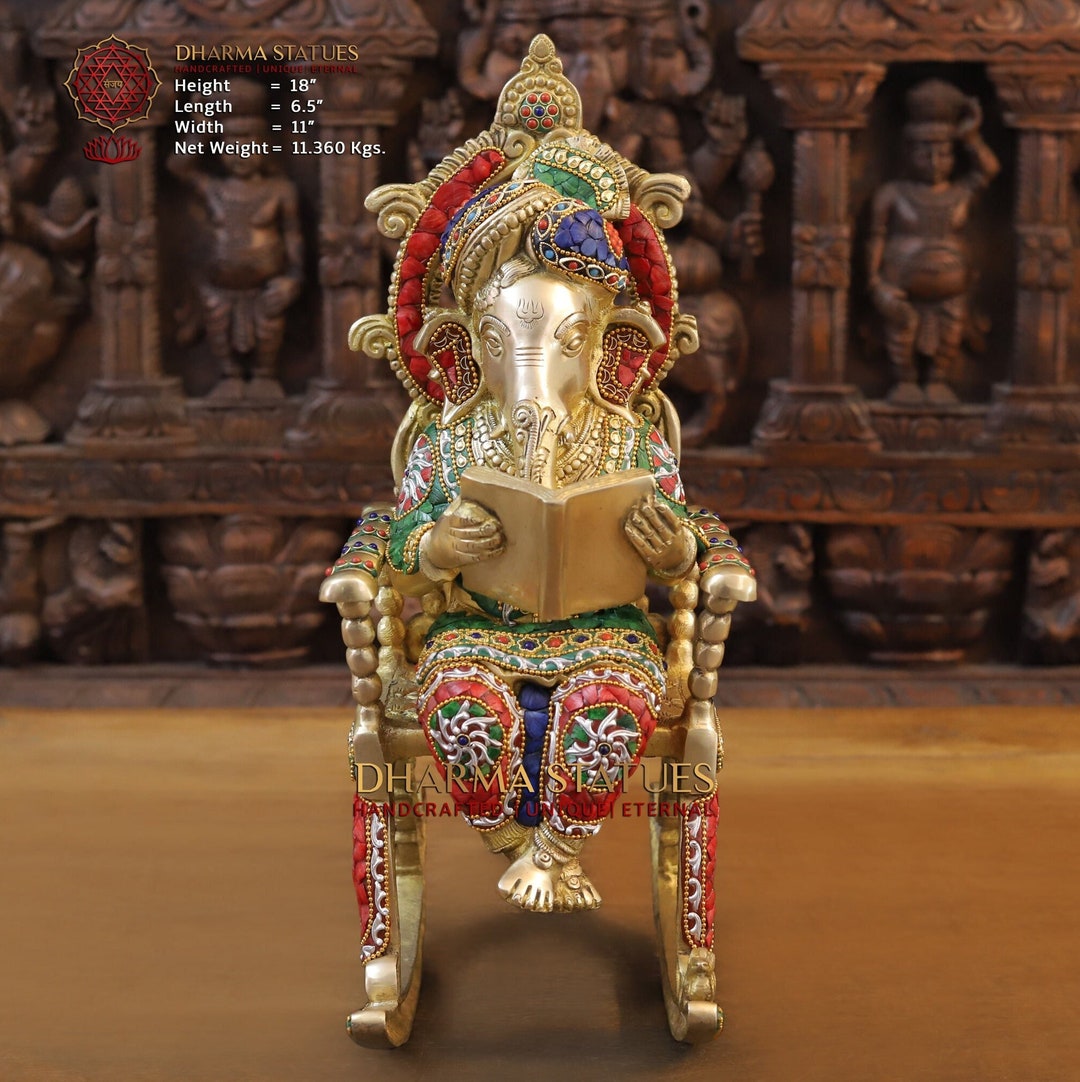 Brass Ganesha on a Rocking Chair Reading a Veda Jeweled in Semiprecious