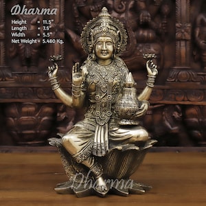Brass Maha Lakshmi Hindu Goddess on a Kamal Flower holding a Brahma Kalasa (Pot of Wealth) - Dharma Exclusive