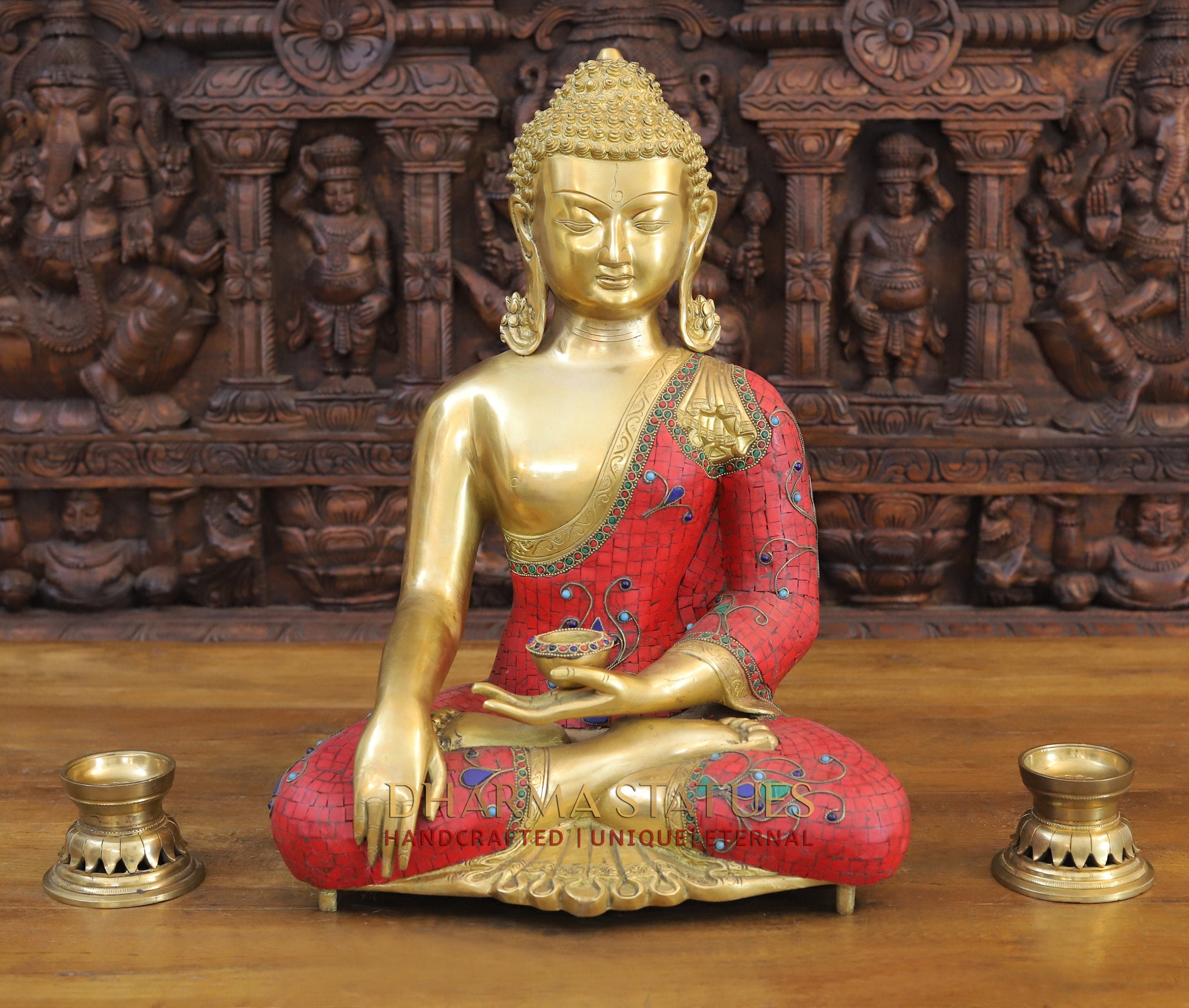 Brass Buddha Sitting in Bhumisparsha Mudra Ornated Robe With Semi Precious Stone Satin Finish Etsy Australia