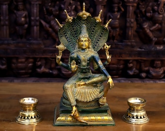 Brass Maha Abhishekam Vishnu in his Most Powerful Avatar in Emerald Finish with Lotus Lamps. God Idol