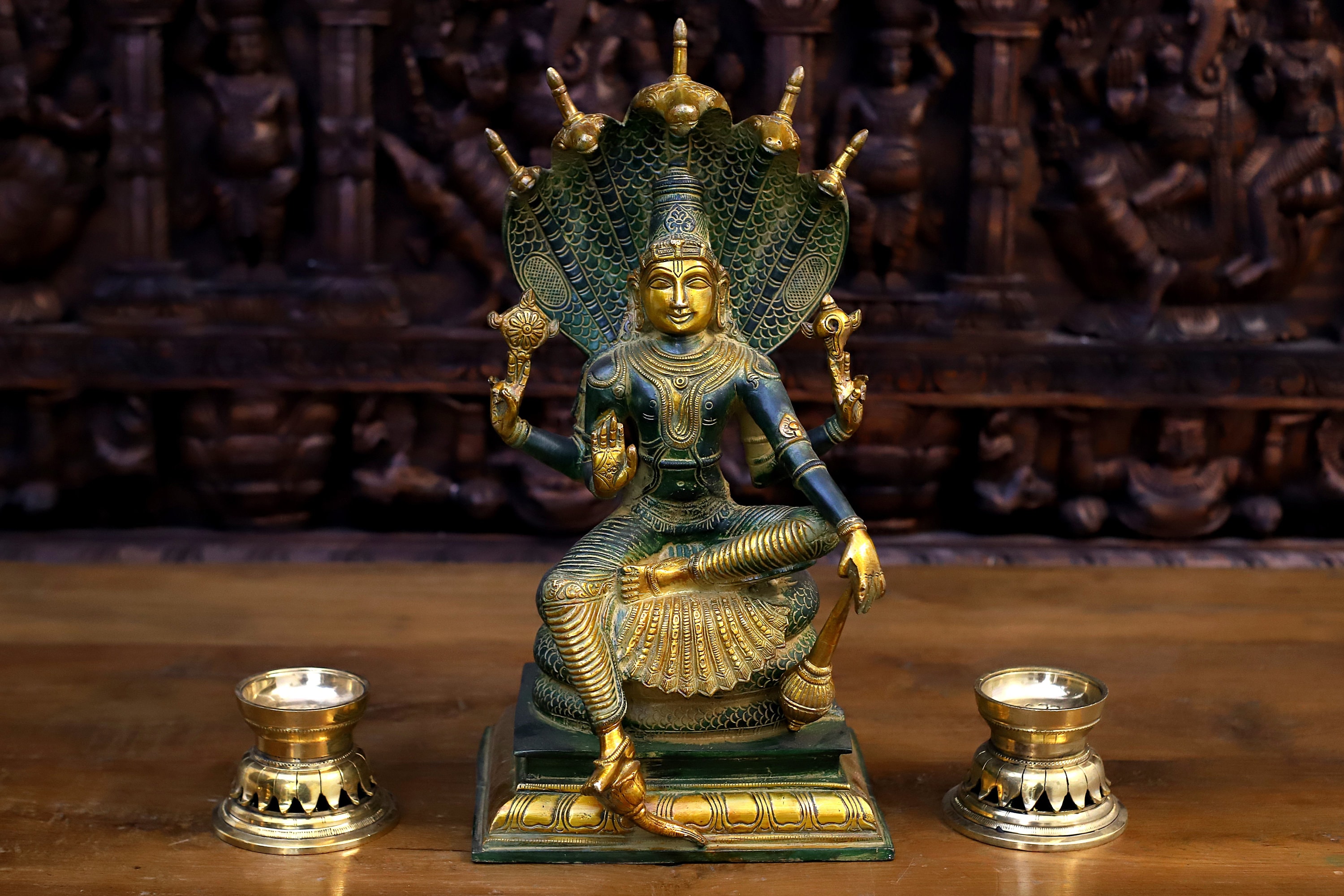 Brass Maha Abhishekam Vishnu in his Most Powerful Avatar in Emerald Finish with Lotus Lamps. God Idol