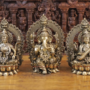 Brass Ornated Ganesha Lakshmi Saraswati on a Blooming Lotus - South Indian Make - Dharma Exclusive | Big Statues