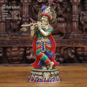 Brass Krishna Standing Playing Flute Idol- Semi Precious Stones Work