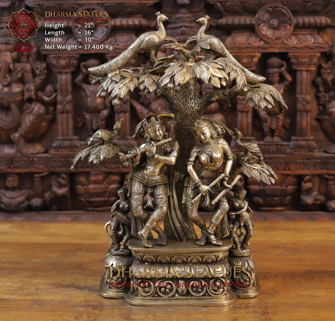 Buy Brass Vasudeva (lord Krishna) Playing Flute and Radha Dancing  Gracefully Under a Peacock Adorned Tree South Indian Make Only at  Dharma Online