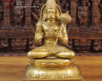 Brass Yashvir Kesari Nandan (Lord Hanuman) in Blessing Position With His Mighty Mace - Made in Thanjavur, South India - Only at Dharma
