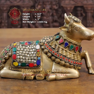 Brass Nandi Bull ( Vehicle of Lord Shiva)  Semi Previous Stone Work- Made in Mysore, South India - Only at Dharma
