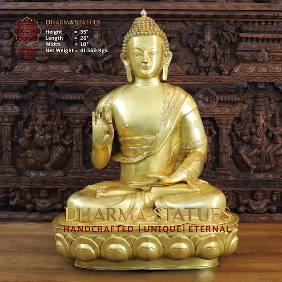 Brass Thanka Buddha Sitting on a Lotus Platform With Inscriptions