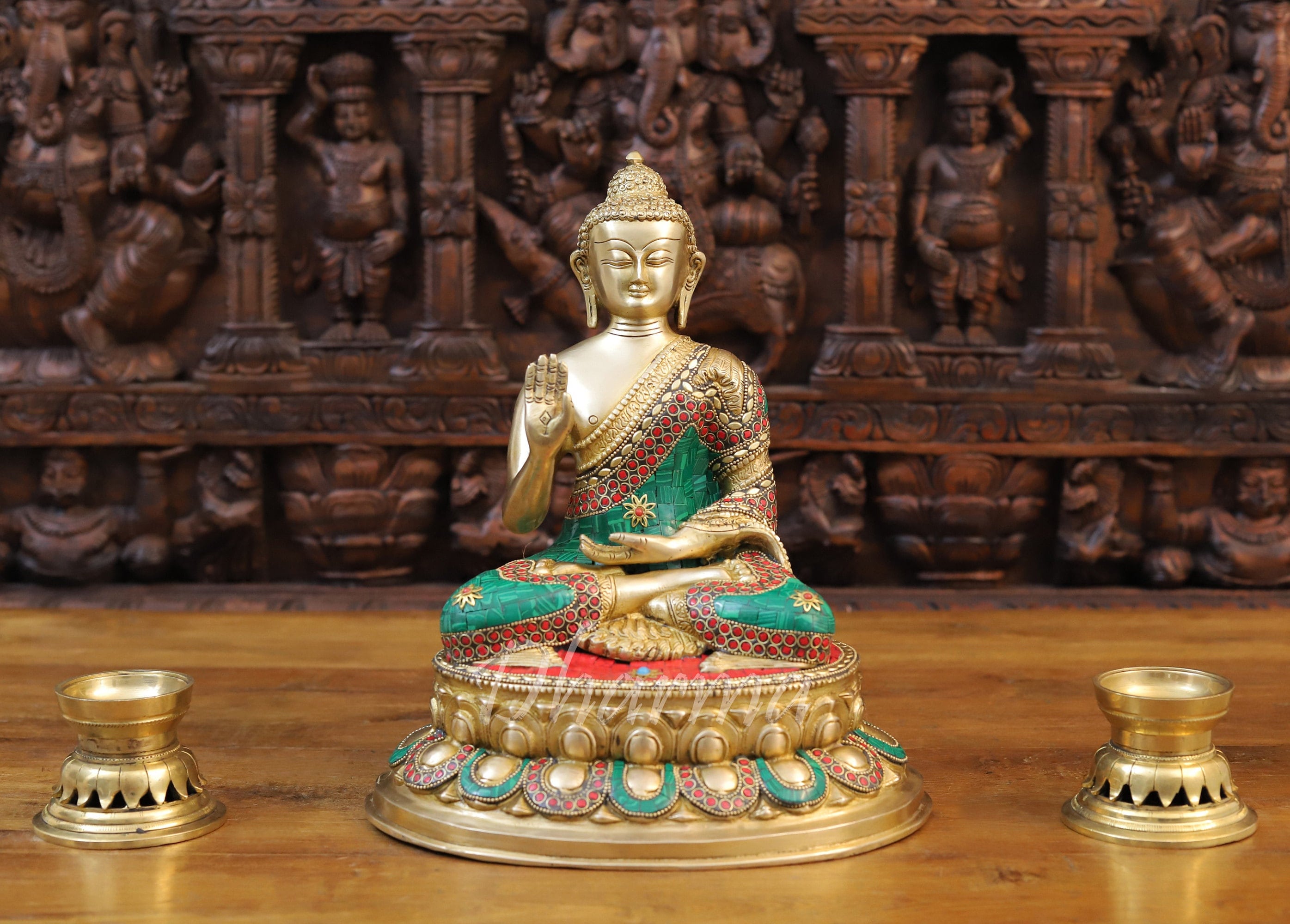 Brass Blessing Buddha Resting on a Lotus Platform - Jeweled in