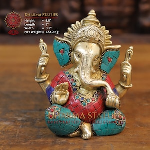 Brass Chaturbujha Vinayaka (Ganesha) in Intricate Stone Inlay Work. God Blessing Idol
