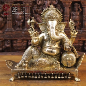 Brass Singhasana Ganesha Showering Blessings on His Pupils - Golden Glaze Finish - South India Make - Only at Dharma