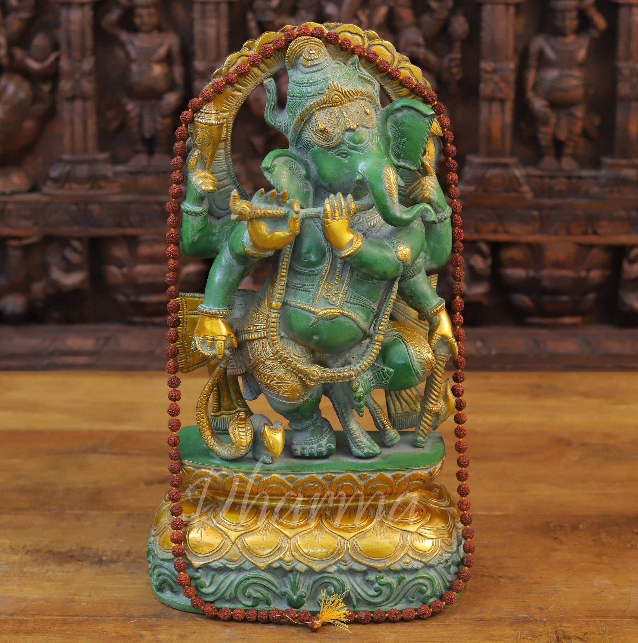 Brass Dancing Vighnaharta (ganesha ) Playing Flute With Naga and