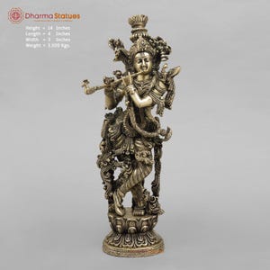 Puede incluir: Estatua detallada de color plateado de una deidad tocando la flauta. La estatua mide 35,56 cm de alto, 10,16 cm de largo y 7,62 cm de ancho. El peso es de 3,500 kg. La estatua está sobre una base decorativa.