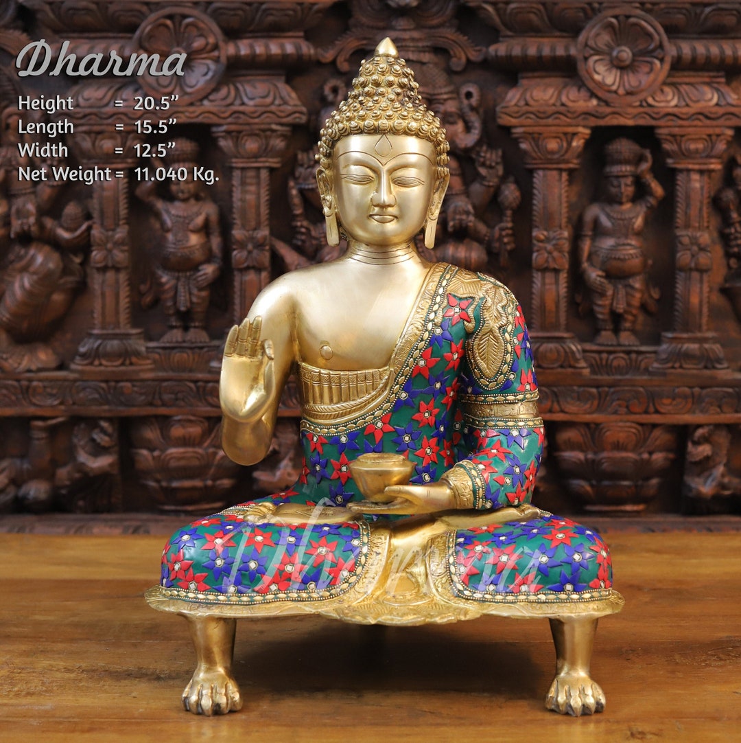 Brass Blessing Buddha on a Lion Paw Pedestal in Blue and Red Tone