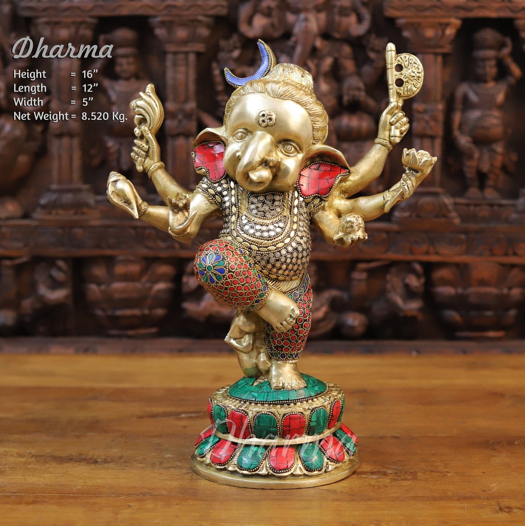 真鍮製のユニークな赤ちゃんの6本の手を持つガネーシャ像（踊るポーズ