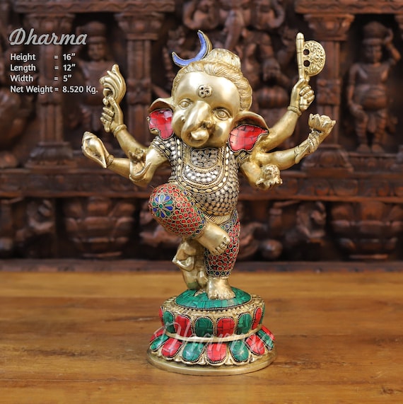 真鍮製のユニークな赤ちゃんの6本の手を持つガネーシャ像（踊るポーズ