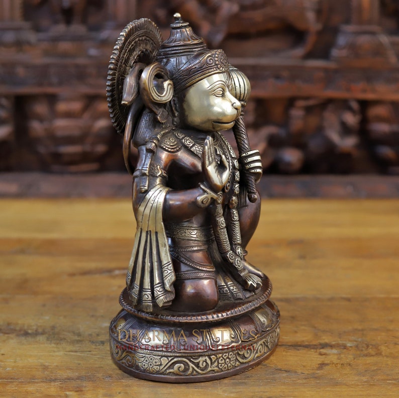 Brass Pawan Putra Hanuman Ji Sitting Statue- Golden and Copper Finish image 2