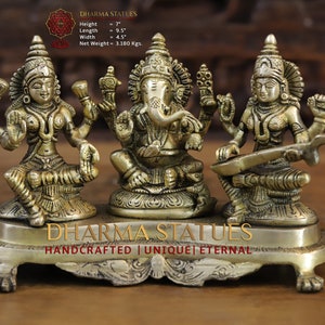 Brass Magnificent Lakshmi Ganesha Saraswati on a Pedestal