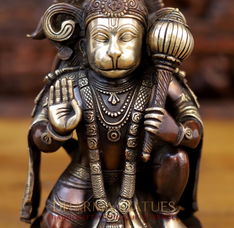 Brass Pawan Putra Hanuman Ji Sitting Statue- Golden and Copper Finish image 6