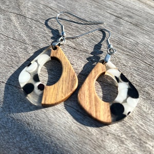 Silver Wooden & Resin Earrings with Stainless Steel Hooks -- Minimalist / Geometric Earrings