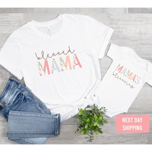 Blessed Mama Mama&#39;s Blessing Floral Outfit-Mommy and Me Matching Pink Floral Set-Mama Mini T-shirt baby onesie®-Mother&#39;s day gift
