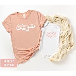 Mama and Mini Retro Outfit-Mommy and Me Matching Rainbow Set-Mama and Babe Peach T-shirt and White baby onesie®-Cute chic Baby Gift