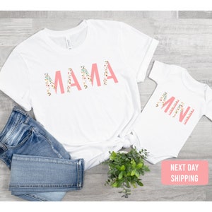 Mama and Mini Floral Outfit-Mommy and Me Matching Pink Floral Set-Mama and Mini T-shirt and baby onesie®-Mother&#39;s day gift-Mom flower shirt