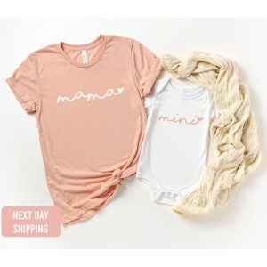 Mama and Mini Outfit-Mommy and Me Matching Minimalist Set-Mama and Mini Peach T-shirt and White baby onesie®-Cute chic Baby Gift