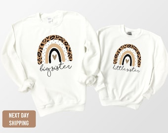 Big Sister and Little Sister Matching Sweatshirt Outfit-Leopard Rainbow Sweater-Boho chic Sister Sweater-Pregnancy Announcement-big sis gift