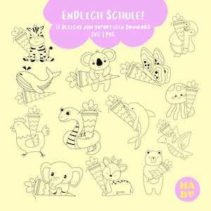 Puede incluir: Ilustraciones en blanco y negro de animales, como una cebra, un koala y un oso, cada uno sosteniendo un cono escolar alemán. El texto "Endlich Schule!" se muestra arriba, sugiriendo un tema escolar.