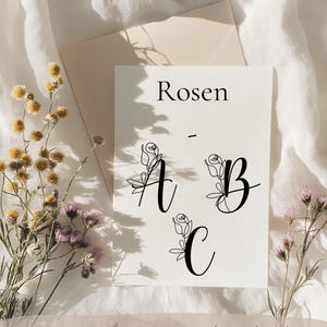 May include: A white card with the word "Rosen" at the top and the letters A, B, and C in black script with stylized rose stems and leaves. The text "SVG & PNG Jetzt downloaden" is at the bottom of the card.