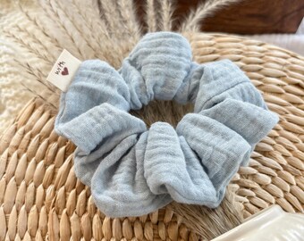 Light Blue Beige Muslin Scrunchie | Handmade Boho Hair Tie for Women | Neutral Hair Tie | Muslin Hairband | Gift Idea