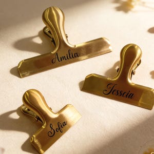 Puede incluir: Tres pinzas metálicas color latón con los nombres "Amilia", "Tesscia" y "Sofia" grabados. Las pinzas están dispuestas sobre una superficie clara, con iluminación suave y detalles florales.