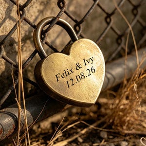 May include: A heart-shaped brass padlock featuring an antique finish, engraved with the text Felix & Ivy and the date 12.08.26. The padlock is secured to a metal chain-link fence, showcasing a smooth metallic surface and dark etched lettering.