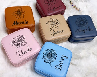 Custom Birth Flower Jewelry Case,Engraved Jewelry Box,Leather Jewelry Travel Case,Bridesmaid Proposal Gift,Small Square Earring Organizer