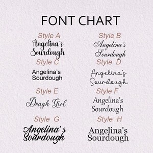 Puede incluir: Una tabla de fuentes que muestra ocho estilos tipogr&aacute;ficos distintos etiquetados de Style A a Style H. Cada estilo presenta el texto Angelina's Sourdough, excepto el Style E que muestra Dough Girl, todo en tinta negra sobre un fondo claro.