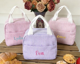 Bolsa térmica bordada para el almuerzo: lonchera a rayas con nombre personalizado, lonchera para la escuela, picnic, regalo para niños pequeños, regreso a clases y regalos de cumpleaños.