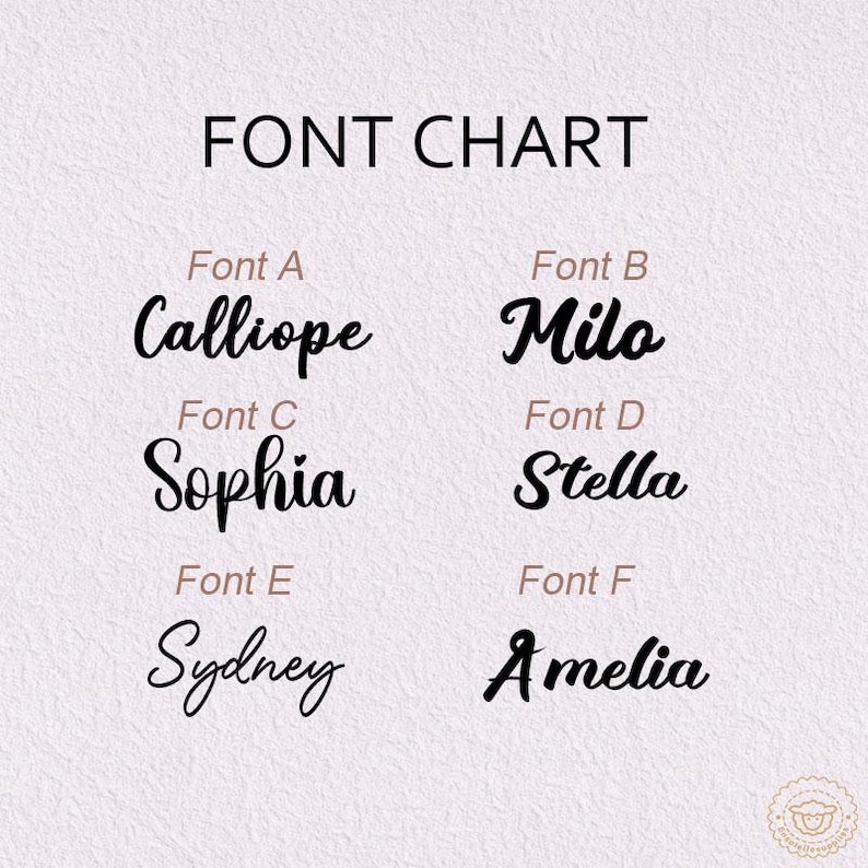 May include: A font chart displaying six different font styles. The text "FONT CHART" is at the top. Each font is labeled with a letter and a sample word: Calliope, Milo, Sophia, Stella, Sydney, and Amelia.